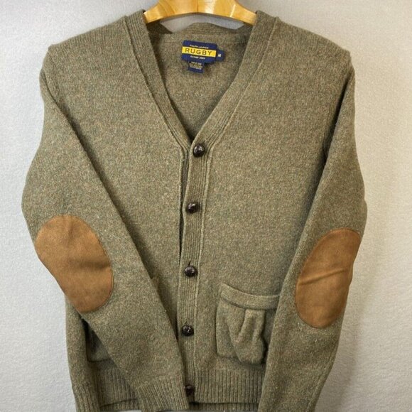 VTG Rugby Ralph Lauren Cardigan Womens‎ M 100% Wool Sweater Suede Elbow Patches - Picture 2 of 16
